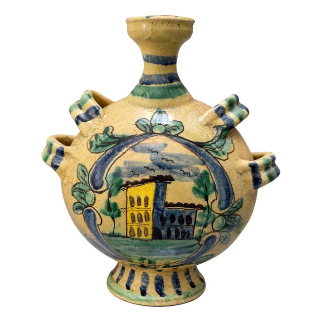 Mid-Century Modern Sicilian Caltagirone Ceramic Pilgrim Flask Majolica Vase, 1980 For Sale