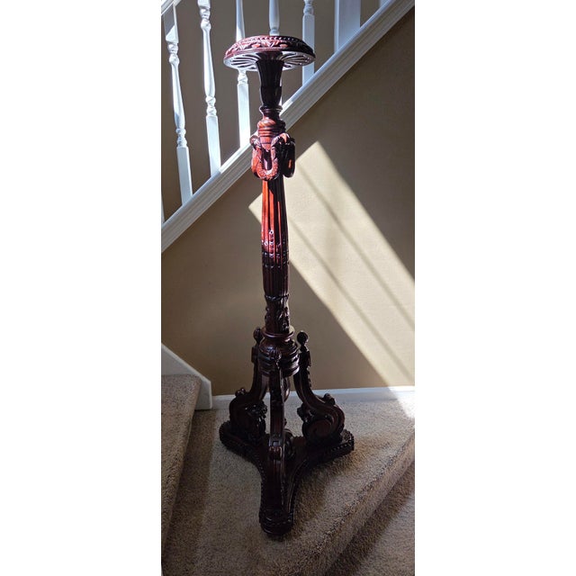 Impressive 5 Foot Antique Victorian Torchier Ornate Carved Mahogany Display Plant Stand Approximate Measurements in Inches...