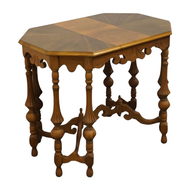 VINTAGE ANTIQUE Mediterranean Revival Old World Black Walnut & Pecan 36" Accent Table w. Intricate Turned Baluster Legs...
