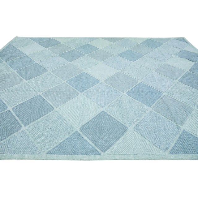 Modern Modern Handmade Swedish Style Wool Rug With Turquoise Geometric Design For Sale - Image 3 of 8