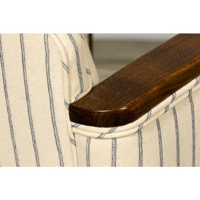 Pair of 1930s French Art Deco Oak Lounge Chairs in Blue Striped Fabric For Sale - Image 12 of 17
