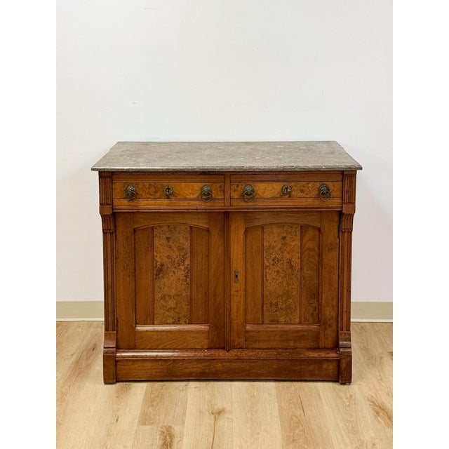 Early 20th Century Antique French Provincial Marble Burlwood Buffet 2 Drawer Locking Cabinet For Sale - Image 5 of 18