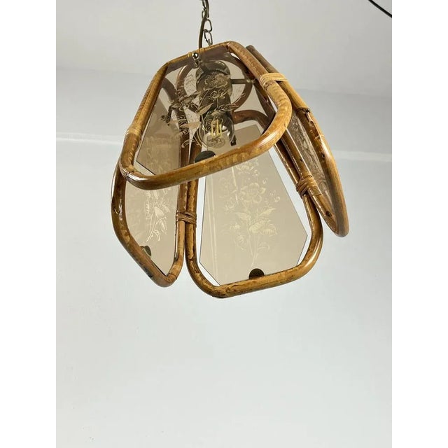 Mid-Century Modern Bamboo and Hand-Engraved Murano Glass Chandelier, Italy, 1950s For Sale - Image 3 of 10