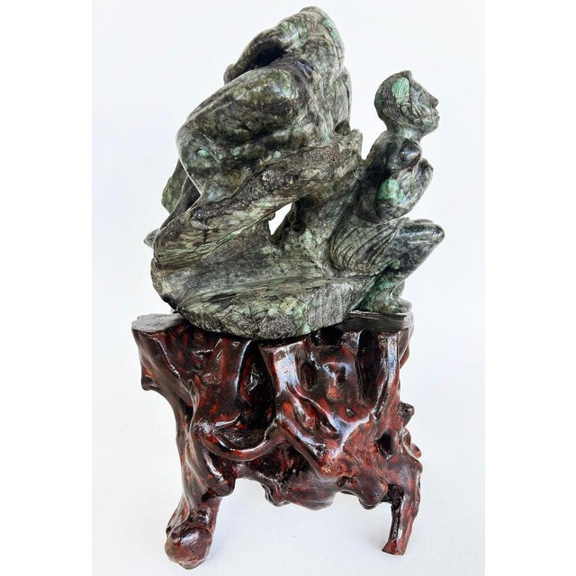 Asian Carved Figurative Precious Stone Sculpture on Root Stand For Sale In Miami - Image 6 of 10