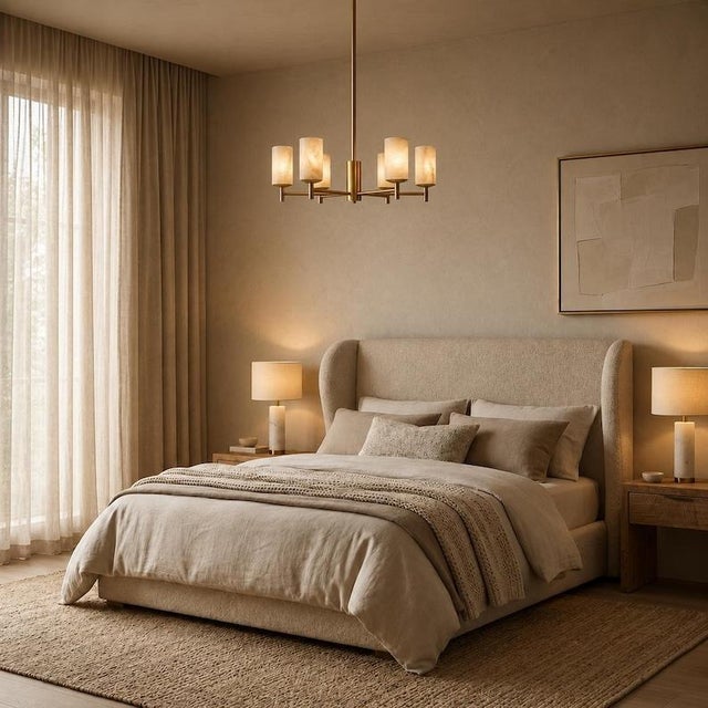 6 Light Alabaster Chandelier, Modern Brass Chandelier, Natural Stone Ceiling Light, Luxury Mid Century Dining Room Lighting For Sale - Image 6 of 9
