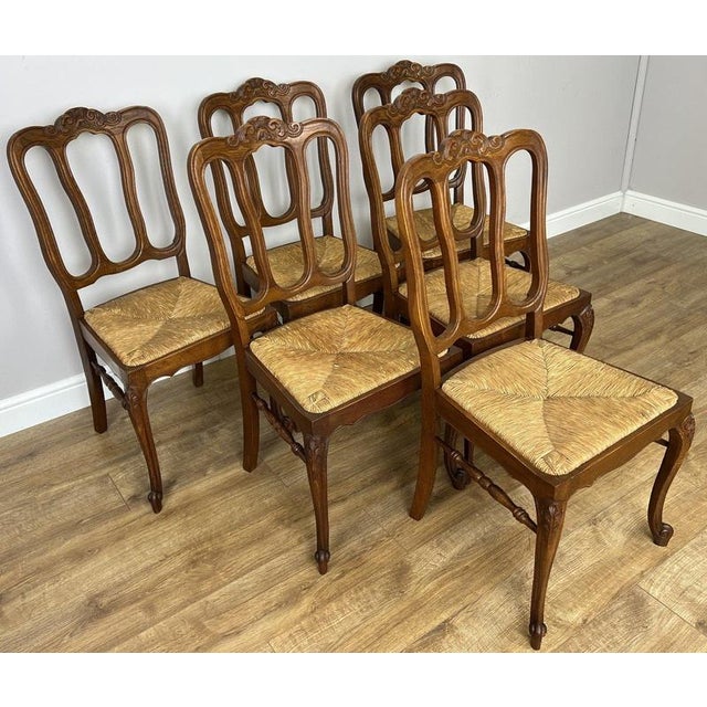 Vintage French Dining Chairs in Oak with Rush Seats, Set of 6 For Sale - Image 5 of 17