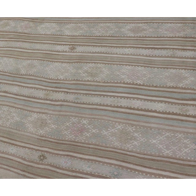 Mid 20th Century Vintage Turkish Kilim Rug in Soft Taupe, Beige, and Pale Blue Striped Design For Sale - Image 5 of 12