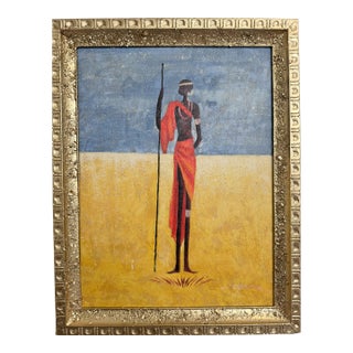 African Tribal Figure Oil Painting Textured Modern Ethnic Wall Art Framed Safari Style Decor 24x18 Canvas For Sale