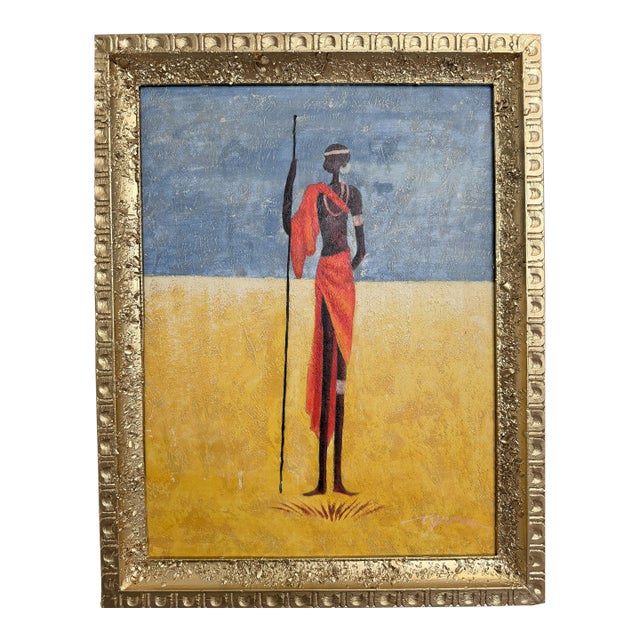 African Tribal Figure Oil Painting Textured Modern Ethnic Wall Art Framed Safari Style Decor 24x18 Canvas For Sale