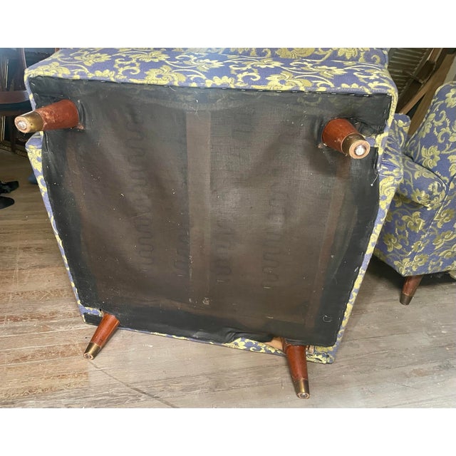 Mid 20th Century Blue Shiny & Matt Lime Green Floral Upholstery Club Lounge Chair For Sale - Image 9 of 12
