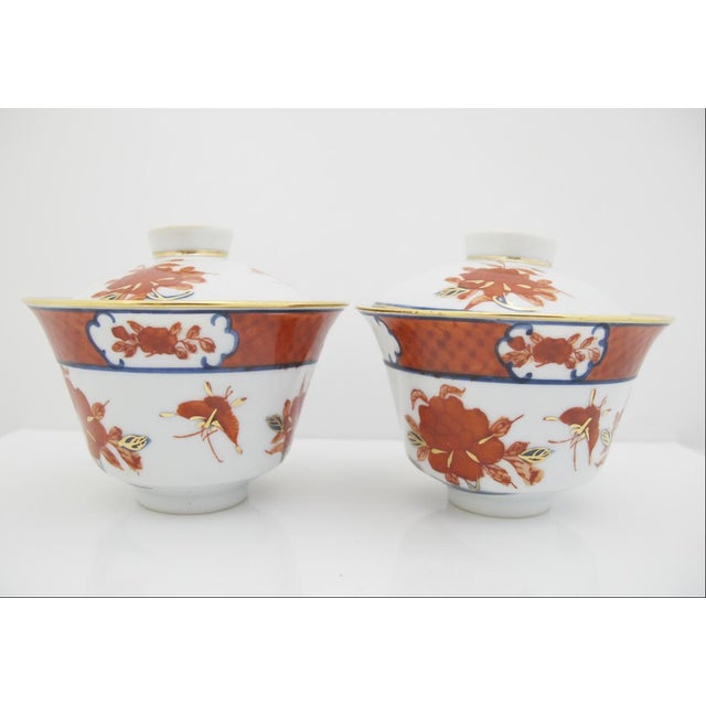 Japanese Imari Porcelain Butterfly & Flower Gold Lidded Tea Bowl Saucer Pair For Sale In Portland, OR - Image 6 of 15