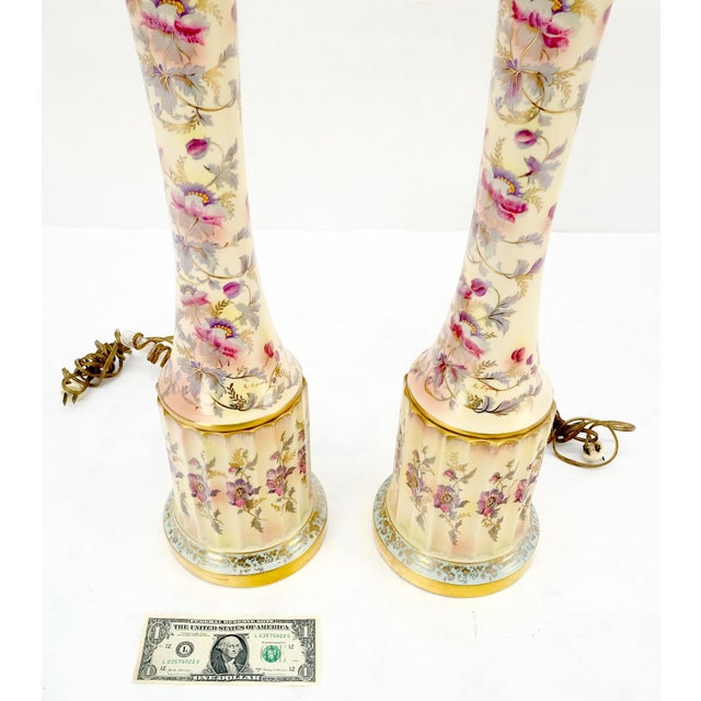 Pair of 39" Tall Ceramic Hand Painted Round Tower Shape Table Lamps w/ Shades For Sale - Image 11 of 13