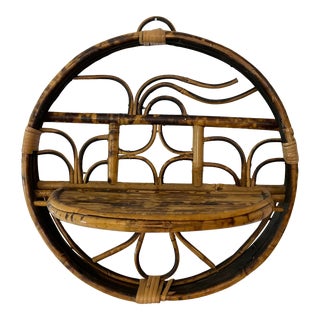 Vintage Scorched Bamboo Round Design Wall Shelf For Sale