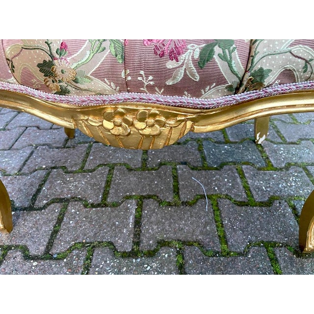 1980s 1980s French Louis XVI Gold Beech Pink Damask Bench For Sale - Image 5 of 8