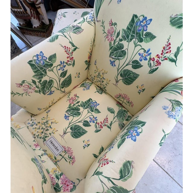 Wood Late 20th Century Henredon Custom Yellow Floral Chintz Upholstered Armchair With Ottoman For Sale - Image 7 of 16