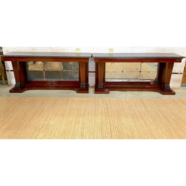 Monumental Pair Regency Revival Mahogany & Marble Consoles, Manner of Thomas Hope A monumental and architecturally...