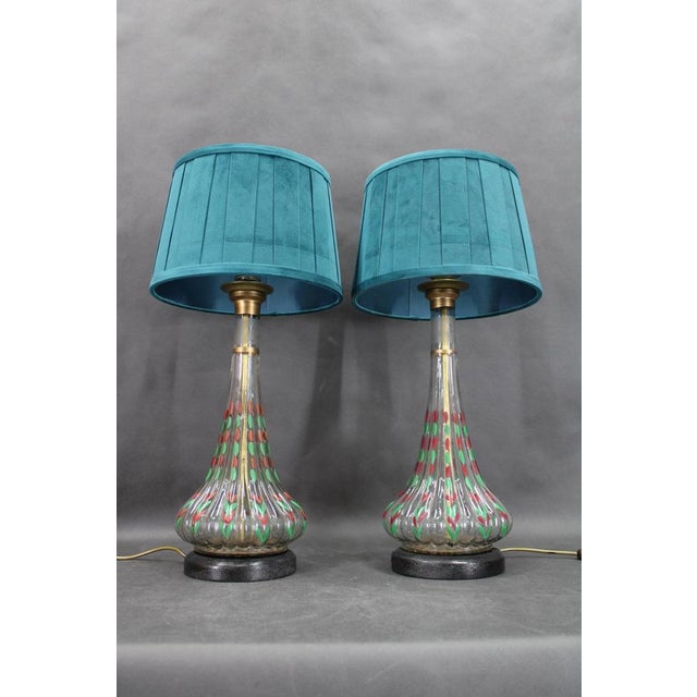 Vintage Hand Painted Glass Table Lamps with New Fabric Shade, 1960s, Set of 2 For Sale - Image 3 of 17