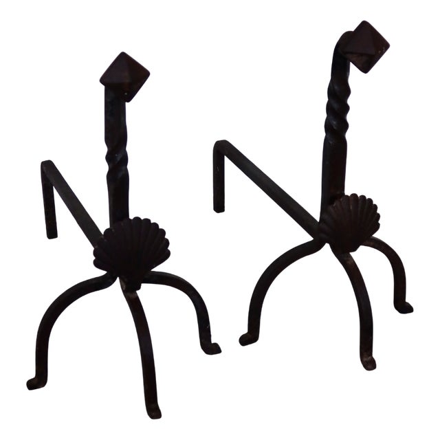 Vintage Metal and Cast Iron Andirons with Seashell Motif, 1950s, Set of 2 For Sale