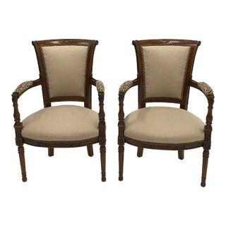 Carved Walnut Armchairs Upholstered in Linen & Leopard -A Pair For Sale