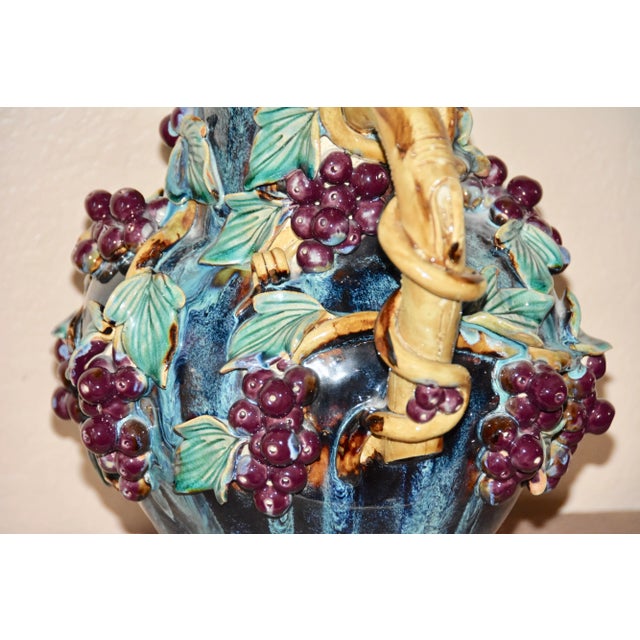 Antique Majolica Flambé Vase/Urn Relief Grapes Leaves For Sale - Image 4 of 8