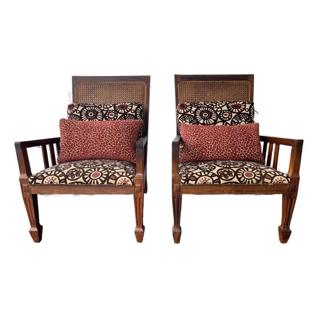 Vintage Colonial Mission Style Modern Upholstered Wood & Cane Back Chairs With Pillows - 6 For Sale