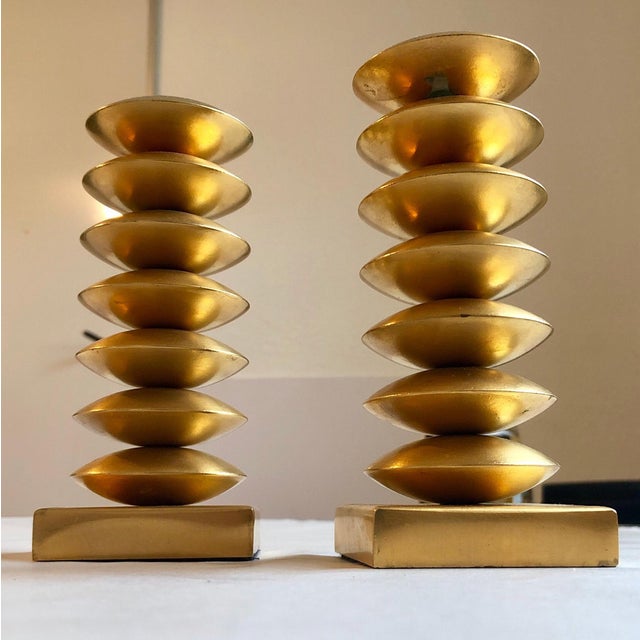 Postmodern French Gilt Gold Sculpture Sputnik Space Age Post Modern Pair Candlesticks, c.1980s-1990s For Sale - Image 3 of 9