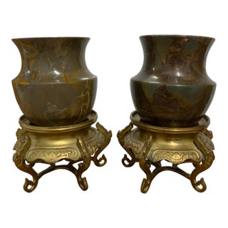 Pair of Vintage Small Marble Urns on Ornate Brass Stands For Sale