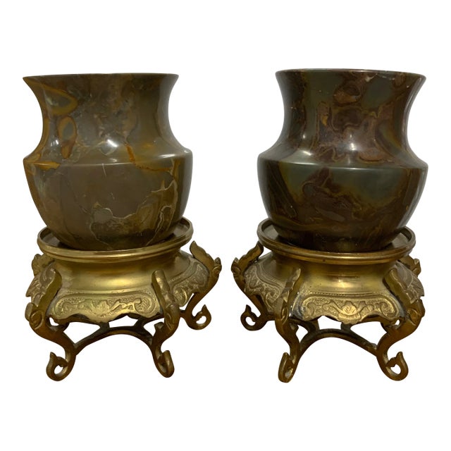 Pair of Vintage Small Marble Urns on Ornate Brass Stands For Sale
