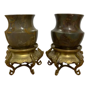 Pair of Vintage Small Marble Urns on Ornate Brass Stands
