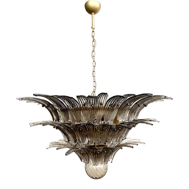 Italian Palmette Ceiling Light | 3-Tier Murano Chandelier With 104 Smoked Glasses For Sale