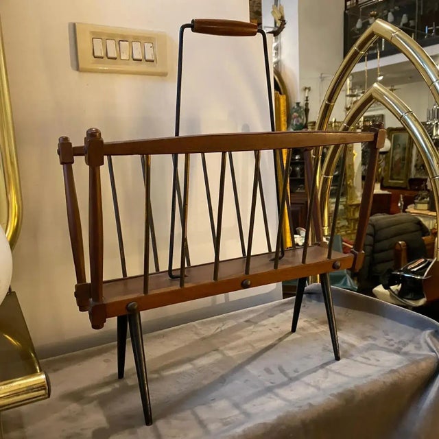 Black 1960s Mid-Century Modern Teak and Black Painted Iron Italian Magazine Stand For Sale - Image 8 of 10