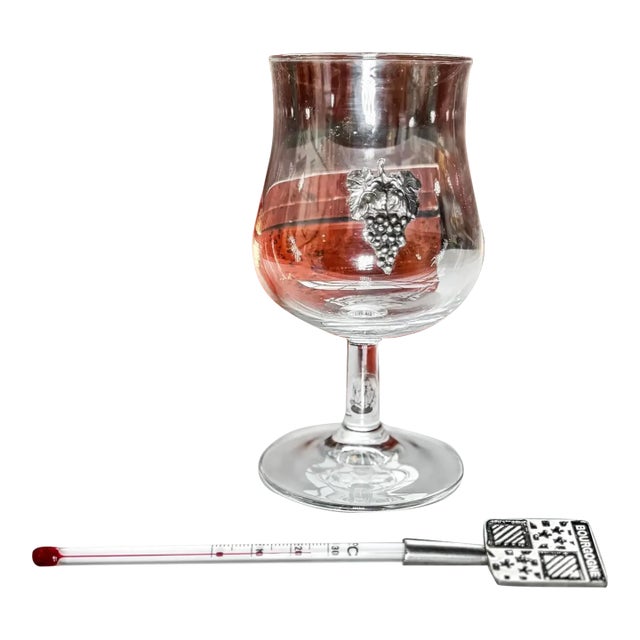 Vintage Wine Glass & Bourgogne Thermometer Set | Monte Carlo Souvenir Box | Etain Pewter Emblem For Sale