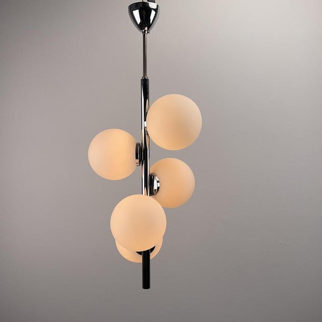 1970s Chrome-Plated Elongated Pendant Light with Five White Opal Glass Spheres, Germany, 1970s For Sale - Image 5 of 8