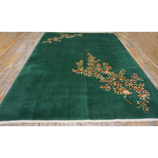 Green Antique Green Field Chinese Room Size Knotted Wool 1930s Rectangle Art Deco Rug For Sale - Image 8 of 10