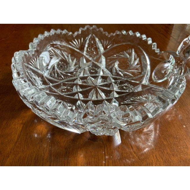 Hollywood Regency 1910's American Brilliant Period Cut Pressed Glass Sawtooth Edged Compote With Handle Catchall For Sale - Image 3 of 10