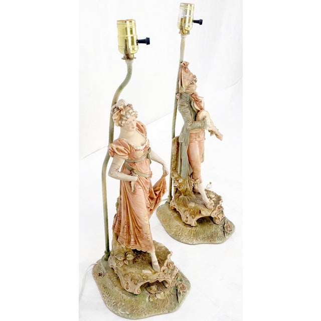 Pair of Large Porcelain Ceramic Dancing Very Fine Figurines Table Lamps MINT! For Sale - Image 12 of 17