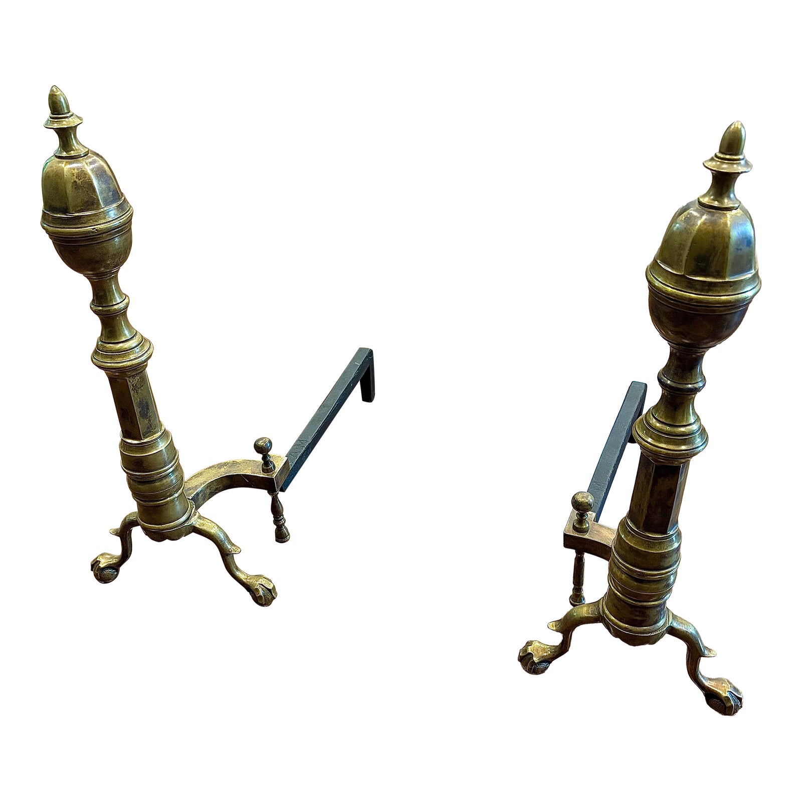 19th Century Antique American Brass and Cast Iron Fireplace Andirons W