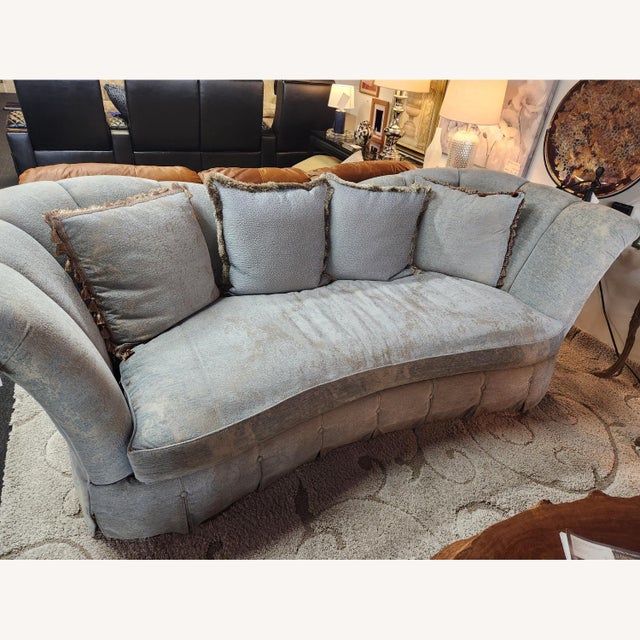 Lexington shabby blue/grey velvet single cushion sofa. High arm/backing. Skirted. Shell backing style. In great condition....