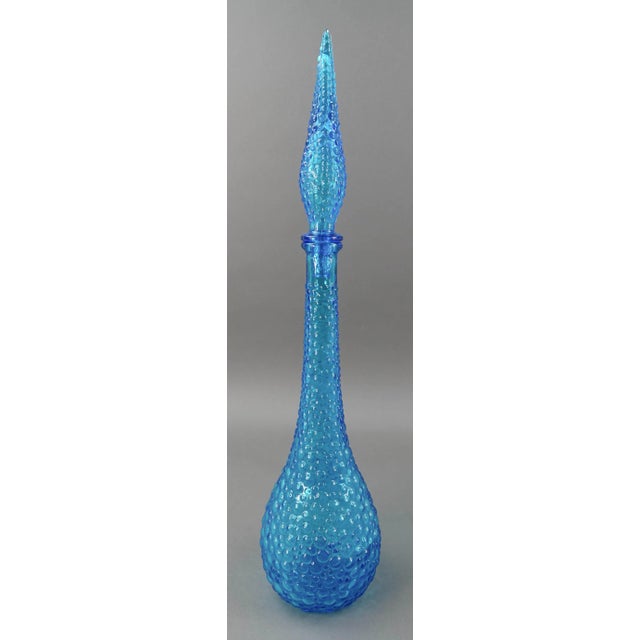 Empoli Italian Vintage Mid Century Modern Blue Hobnail Glass Decanter Genie Bottle Flame Stopper. Measures Approximately...