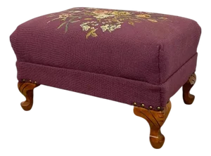 Vintage Upholstered Footstool Ottoman With Floral Needlepoint and Carved Wood Legs