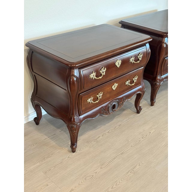 Outstanding pair of hardwood French Louis XV style 2-Drawer Nightstands by Centery Furniture. Dovetailed drawer...