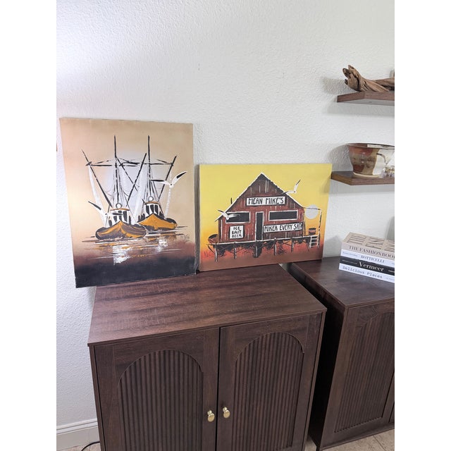 An original pair of mid-century modern oil paintings by regional Texas artist Shirley Newell. Known for her stylized,...