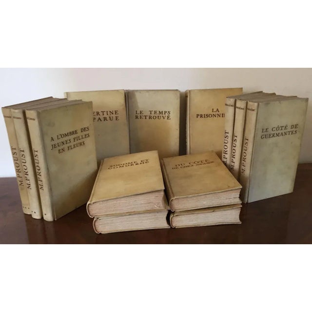 French 1930 Marcel Proust Works in French 13 Vellum Bound Volumes - Set of 13 For Sale - Image 3 of 11