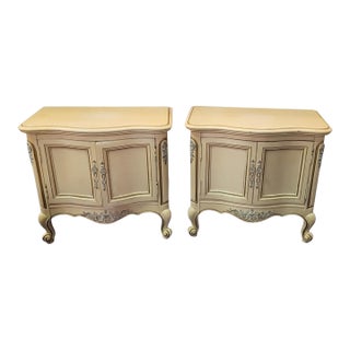 Pair of 1950s French Provincial Gold & Antique White Nightstands For Sale