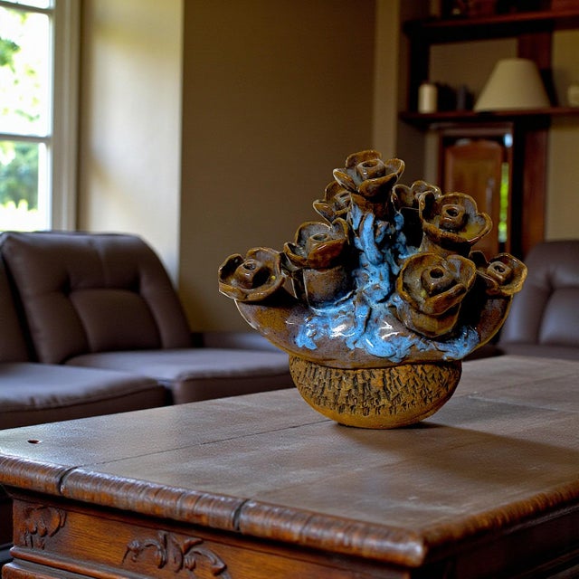 Organic 70s Brutalist Clay Sculpted Earth-Tone and Blue 7 Sprocket Candelabra Style Menorah For Sale - Image 4 of 6