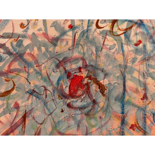 Abstract 1970s Abstraction. Blue and Peach- Mixed Media Painting on Canvas Signed For Sale - Image 3 of 5