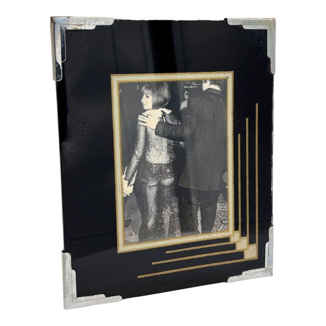 1920s Art Deco Reverse Black & Gold Painted Glass Picture Frame 5x6 For Sale