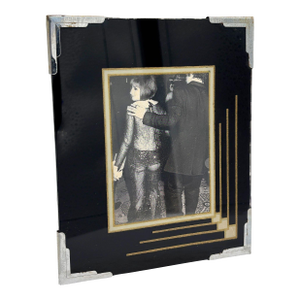 1920s Art Deco Reverse Black & Gold Painted Glass Picture Frame 5x6
