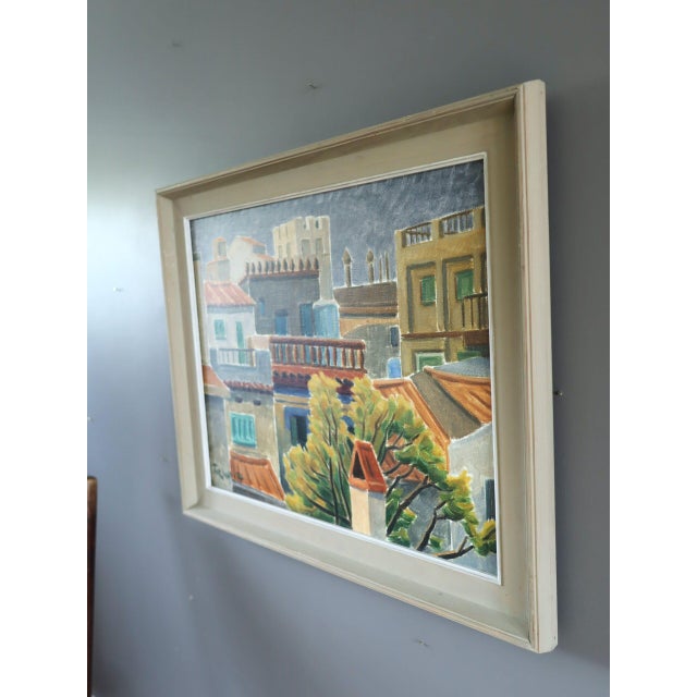 1970s 1974 Modernist 'Sunlit Terraces' Swedish Expressive Townscape Scene Oil Painting, Framed For Sale - Image 5 of 11