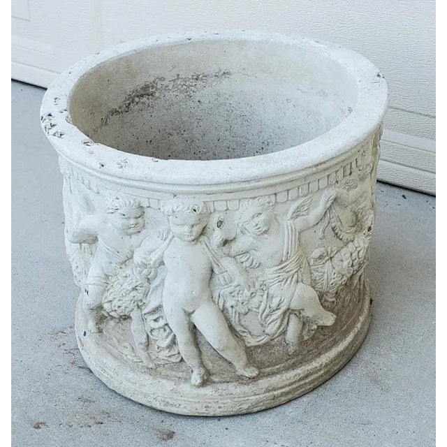 Figurative Antique Round White Cement Relief Cherub Planter For Sale - Image 3 of 12